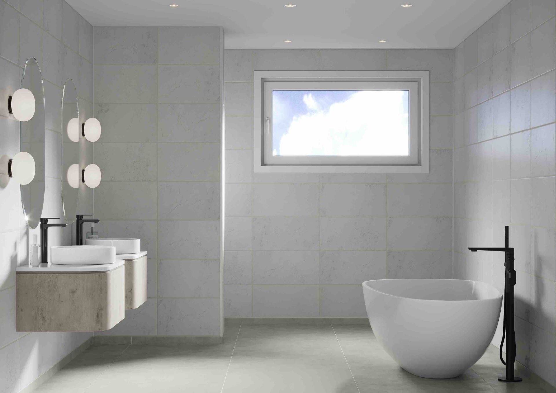 a bathroom with two sinks a tub and a window.