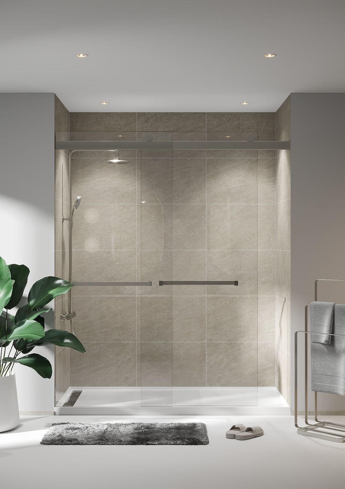 a bathroom with a walk in shower and a towel rack.