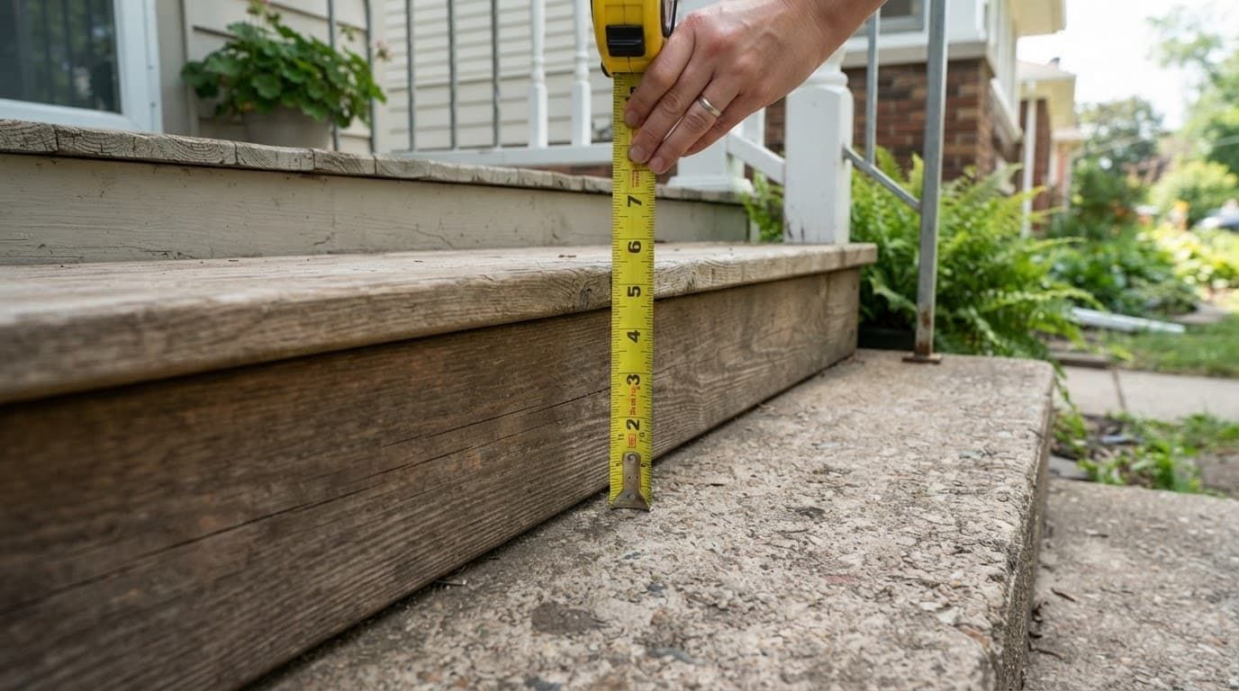 Measuring the height of a wooden porch step with a tape measure