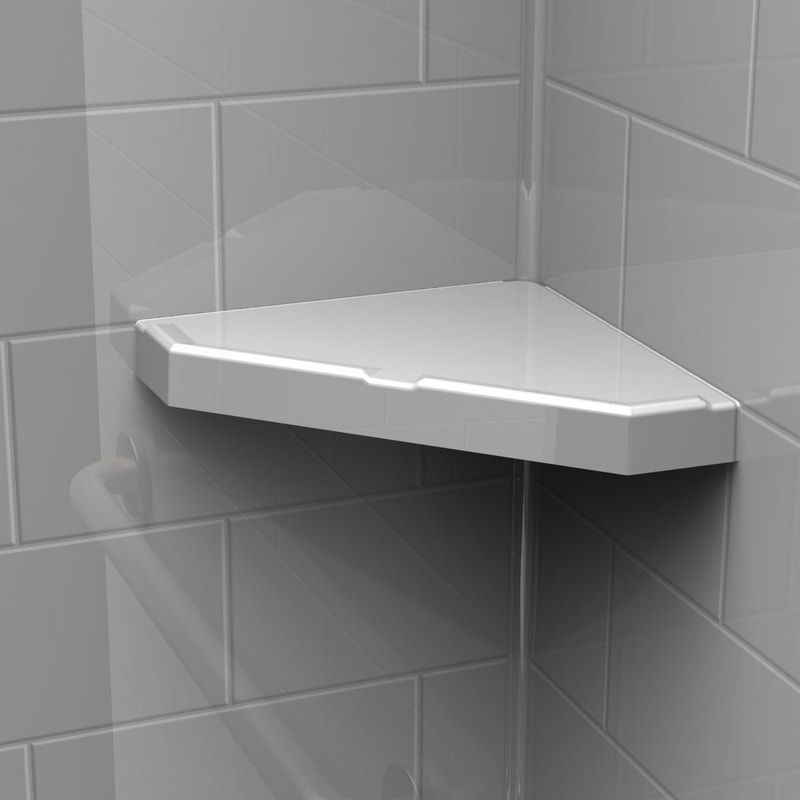 a white corner shelf is sitting on a white tiled wall.