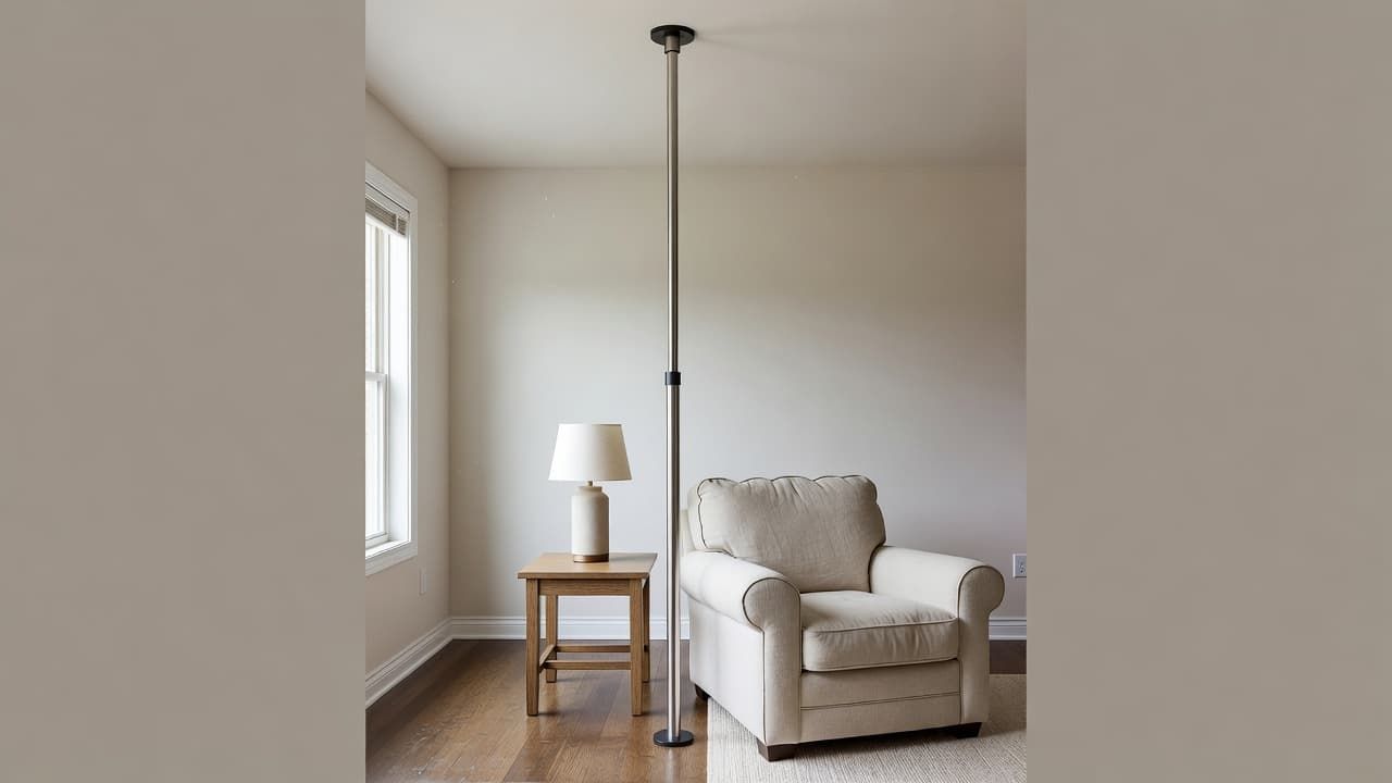 Minimal beige living room with a side table, lamp, armchair, and floor-to-ceiling pole by a window