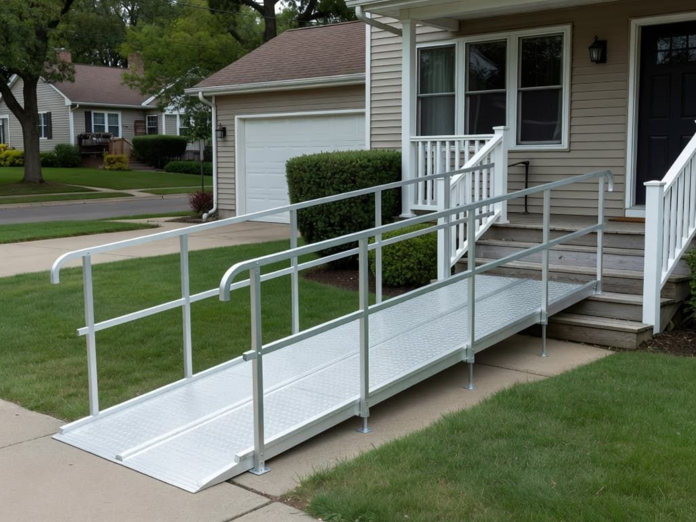White metal wheelchair ramp leading to a house porch with handrails and steps on a suburban sidewalk
