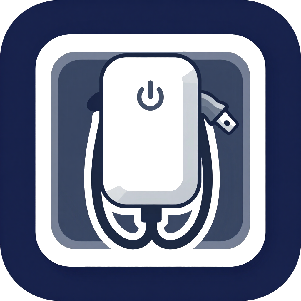 White USB device icon on a dark blue rounded square background