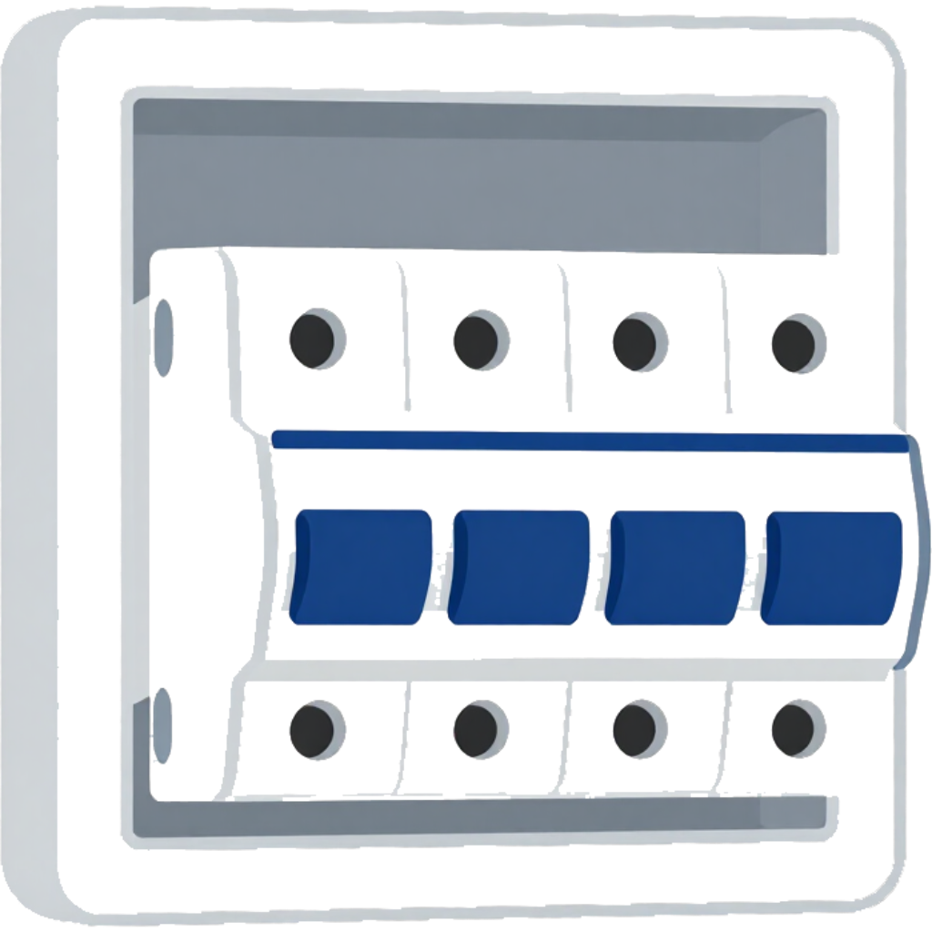 White electrical circuit breaker with four blue switches in a gray panel.