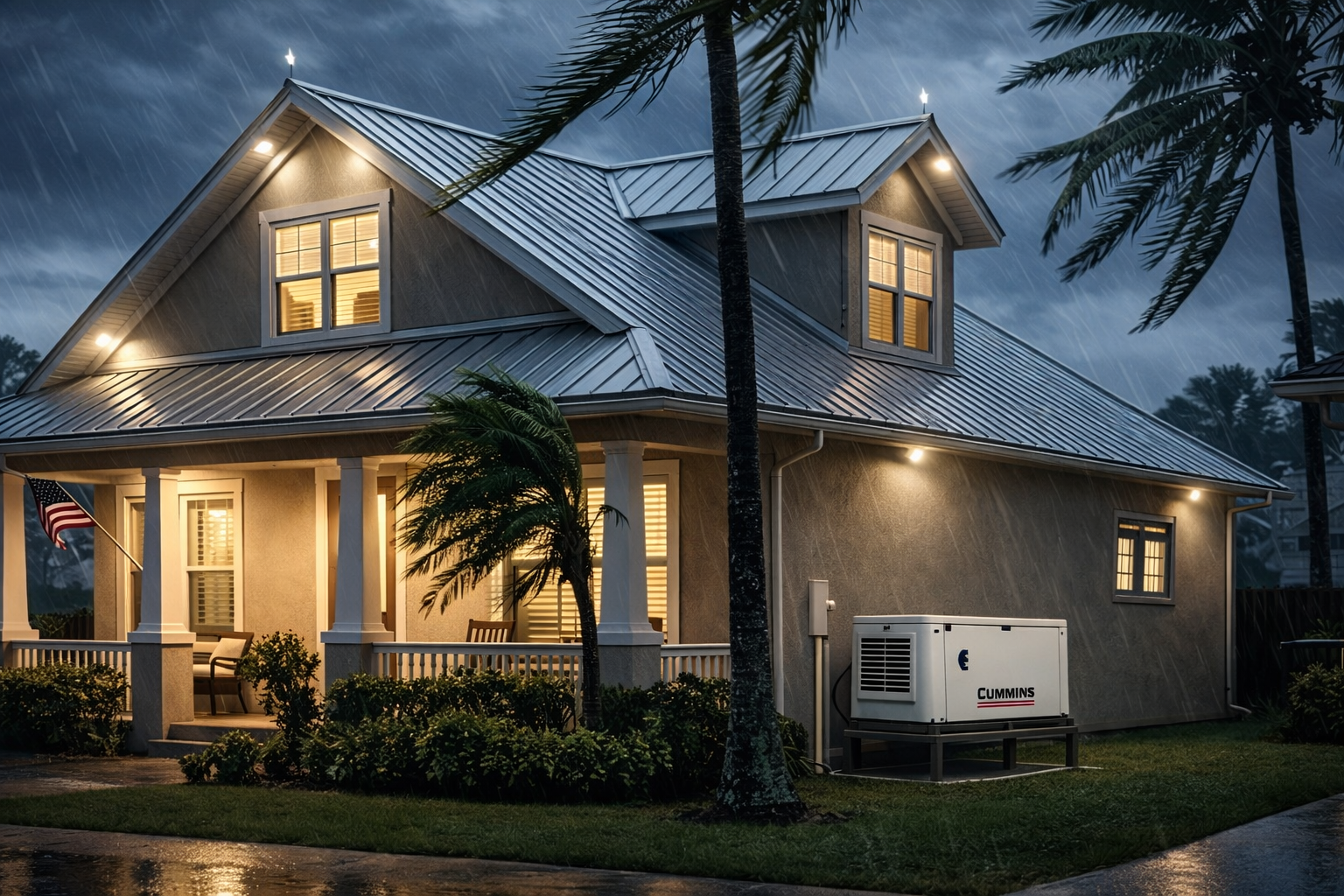 Lit two-story house at dusk with palm trees, a front porch, and a parked RV in the driveway