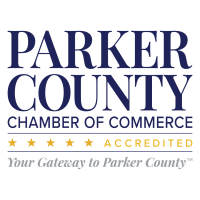 Parker County Chamber of Commerce logo with gold stars and “Accredited” tagline