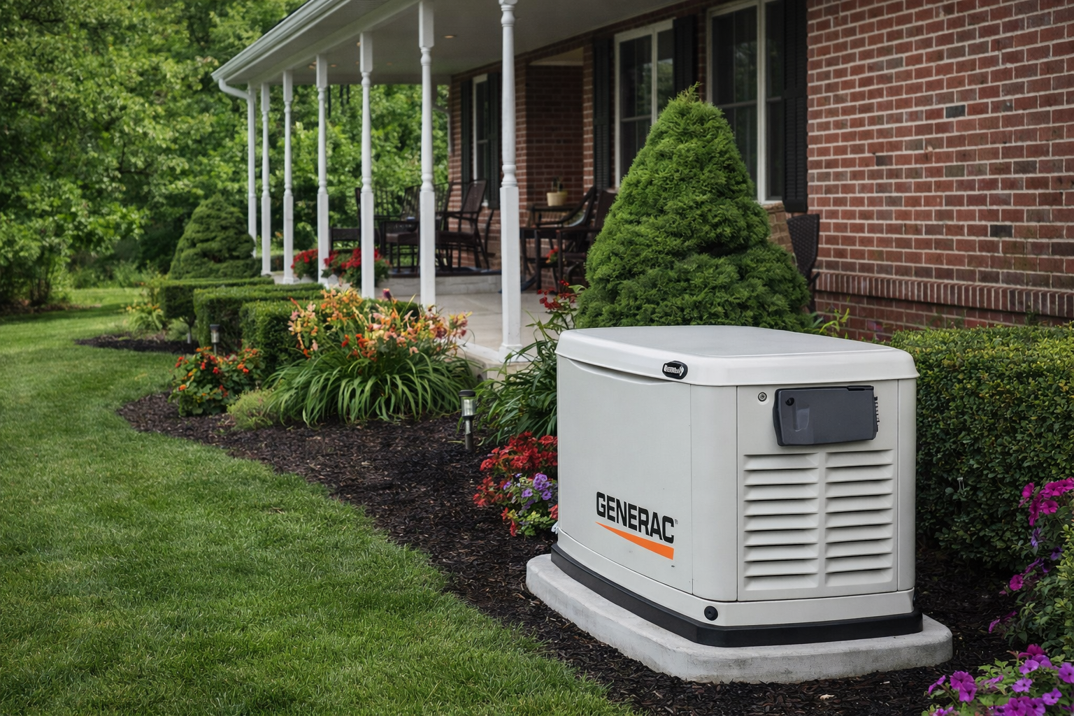 White portable generator beside a brick house and porch in a landscaped yard