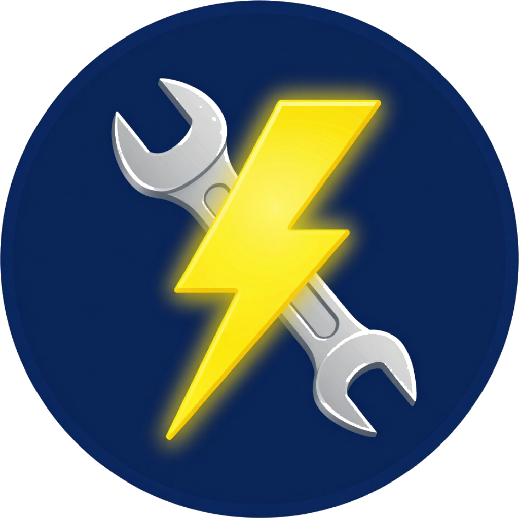 Blue circular icon with crossed silver wrenches and a yellow lightning bolt