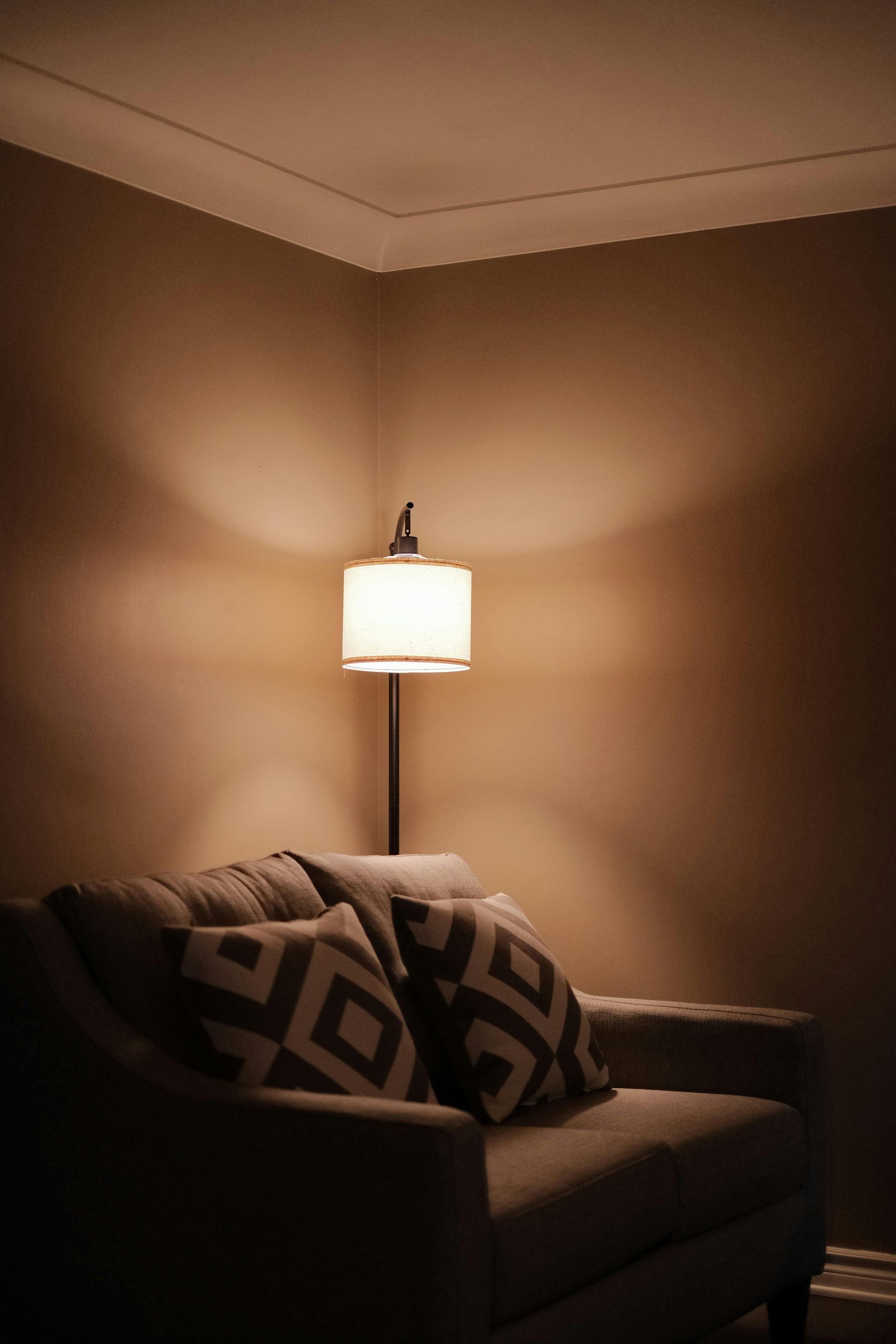 Dim living room corner with a lit floor lamp beside a gray sofa with patterned pillows.