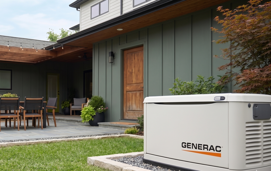 Generac home backup generator beside a modern house and patio seating area
