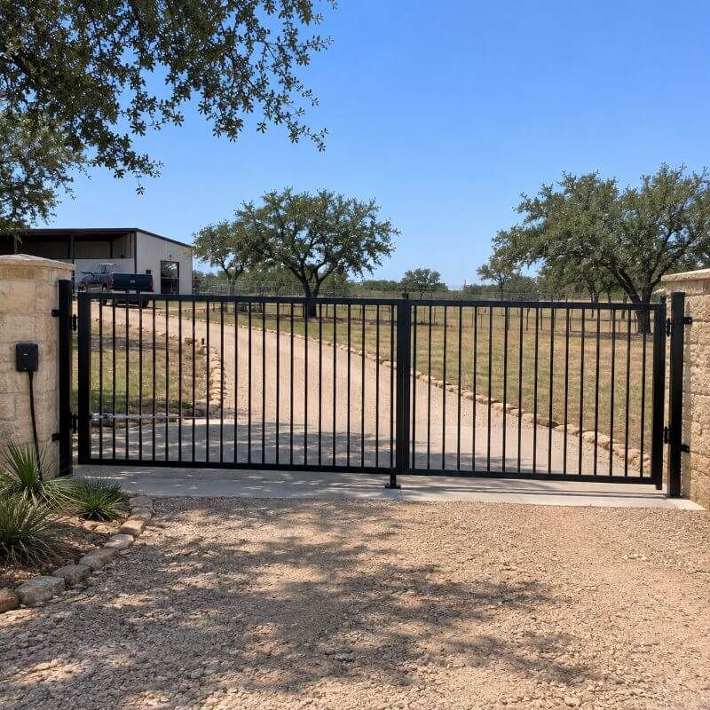 Wide vehicle gate installed at a San Angelo property