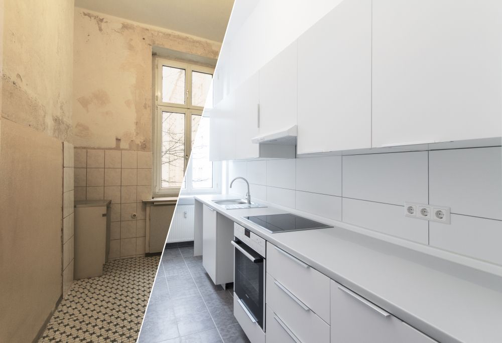 A Before and After Photo of a Kitchen Being Remodeled — Darryl Tickle Building Pty Ltd in Alice River, QLD