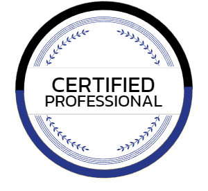 A circular logo featuring a blue and black border with a laurel wreath design framing the words
