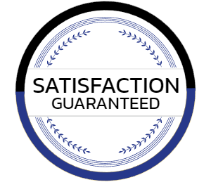 Circular badge with a black and blue border, containing a laurel wreath design and the text