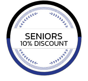 A circular badge with a black top and blue bottom, reading