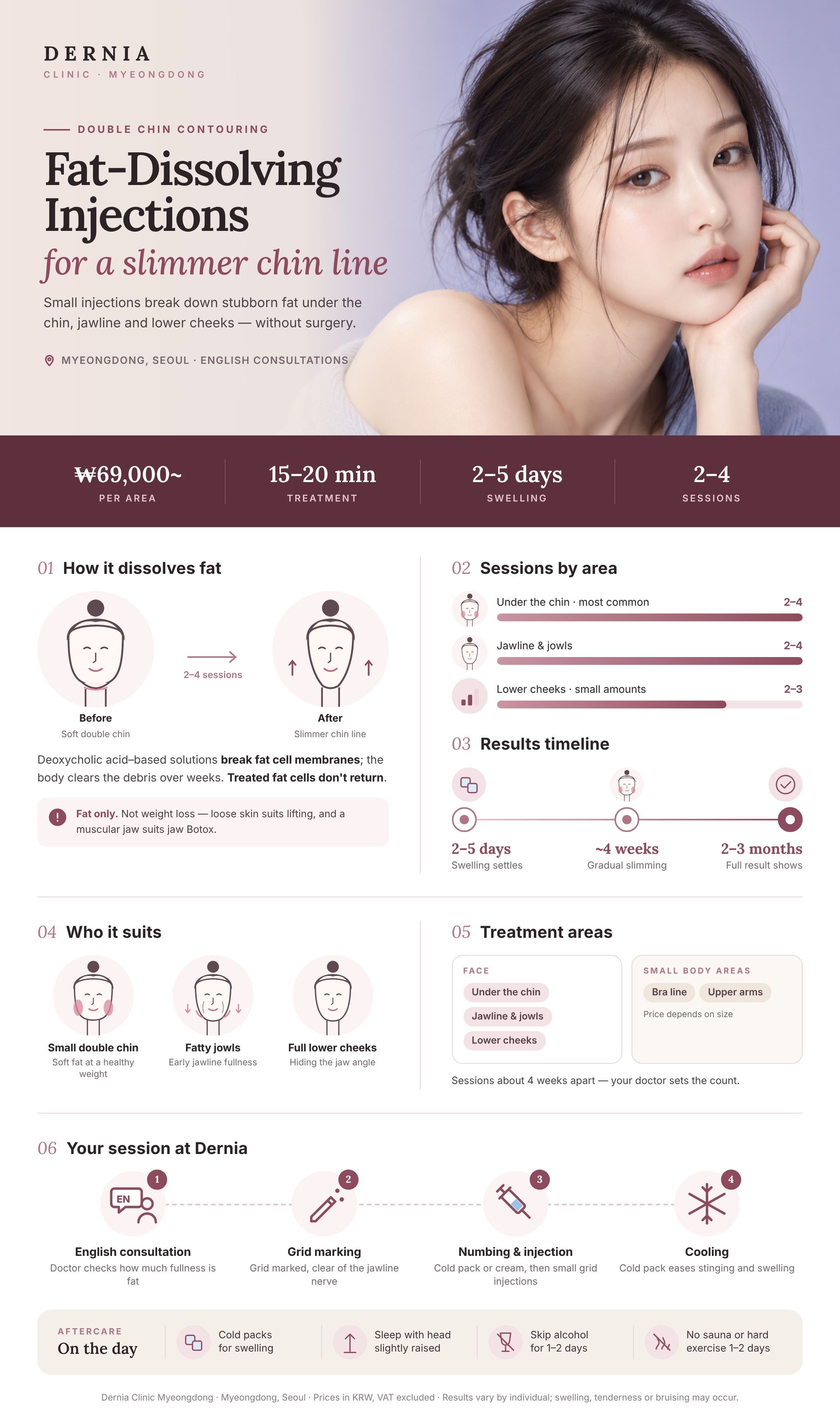 Fat-Dissolving Injection infographic – Dernia Clinic Myeongdong Fat-Dissolving Injection in Myeongdong, Seoul infographic: price, how it works, results timeline and aftercare at Dernia Clinic