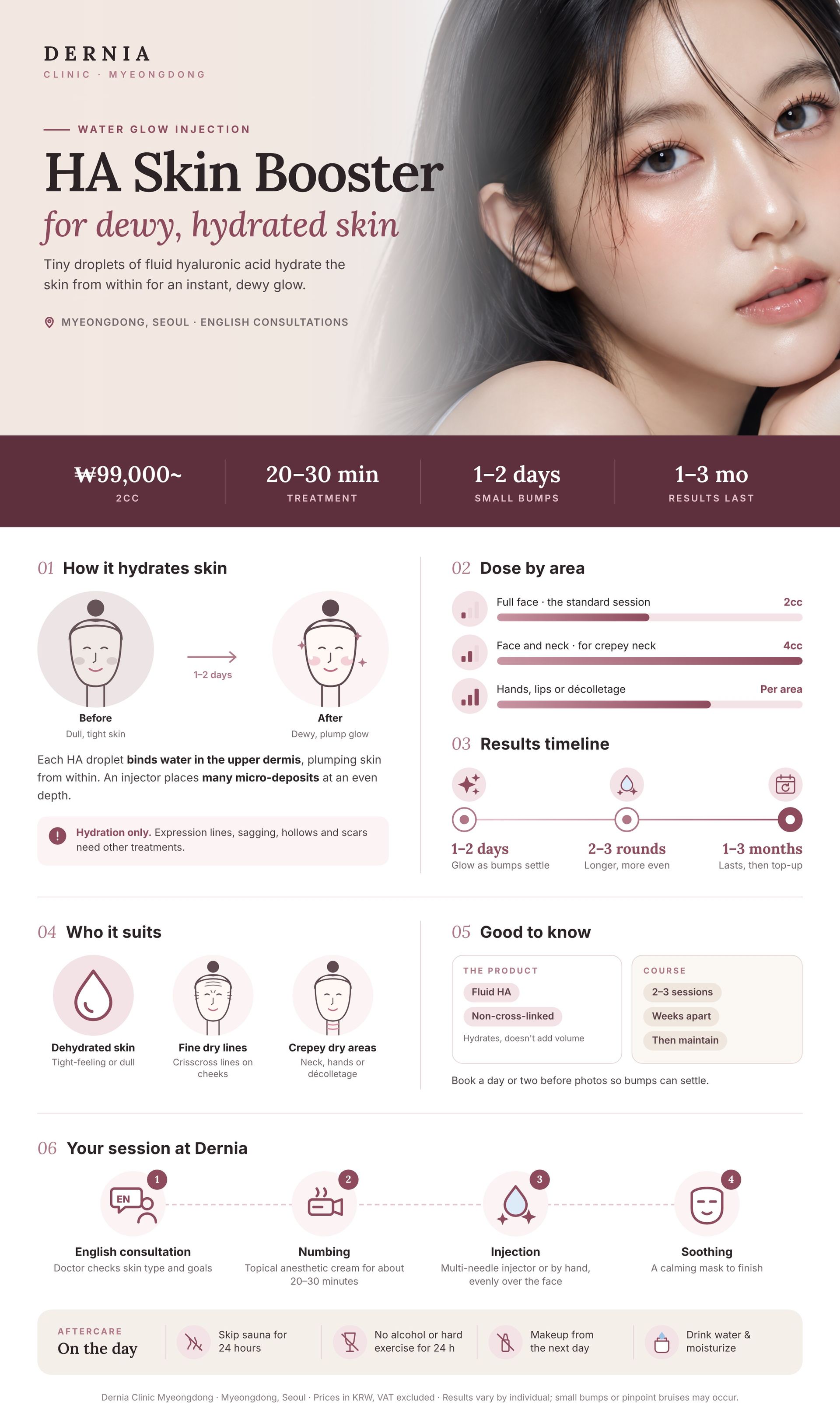 Hyaluronic Acid Skin Booster in Myeongdong, Seoul infographic: price, how it works, results timeline and aftercare at Dernia Clinic