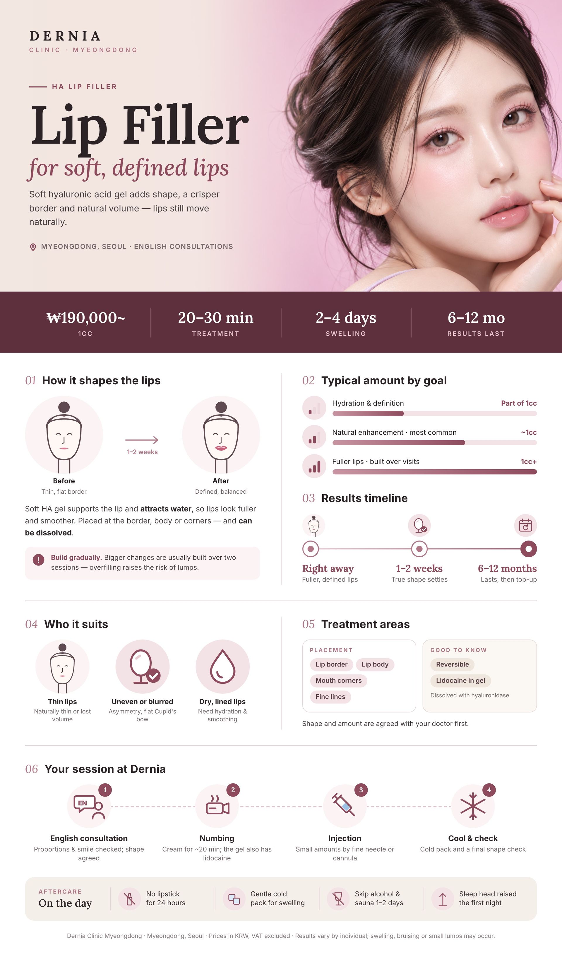Lip Filler in Myeongdong, Seoul infographic: price, how it works, results timeline and aftercare at Dernia Clinic