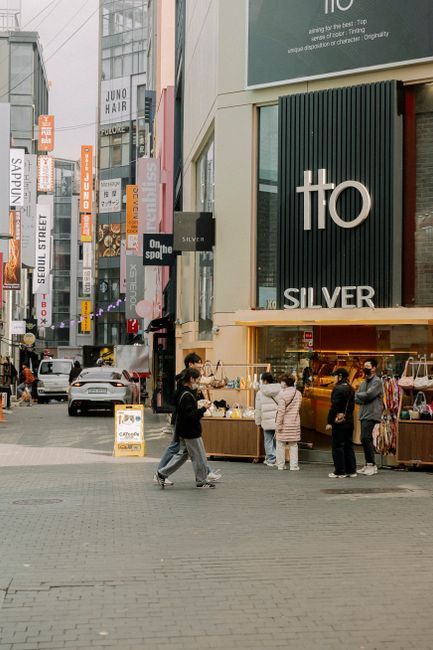 A busy shopping street in Myeongdong, central Seoul