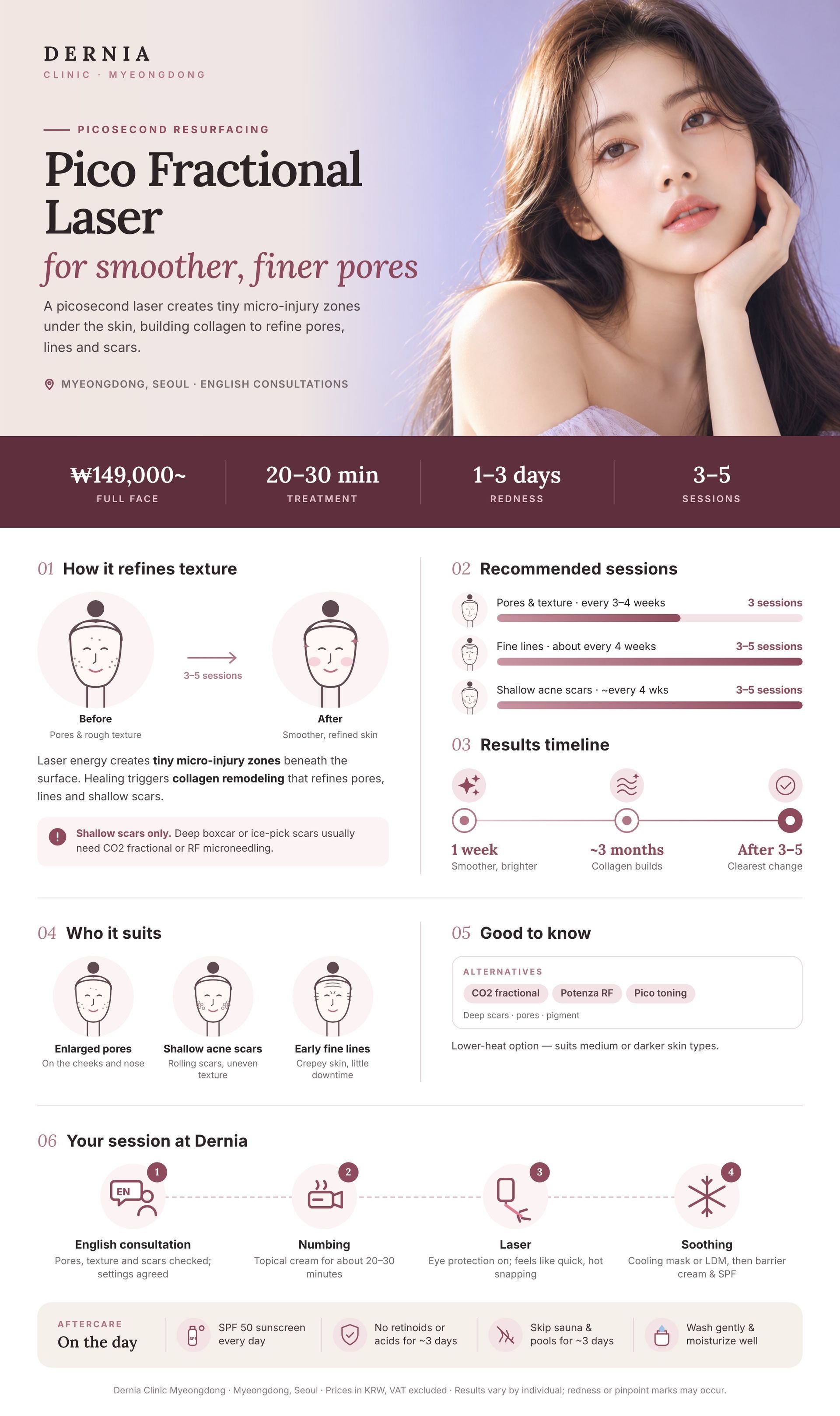 Pico Fractional infographic – Dernia Clinic Myeongdong Pico Fractional in Myeongdong, Seoul infographic: price, how it works, results timeline and aftercare at Dernia Clinic