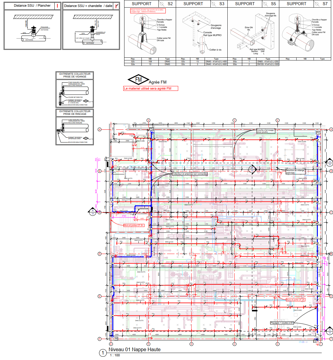 Plan sprinkler et détails des supports selon les exigences FM