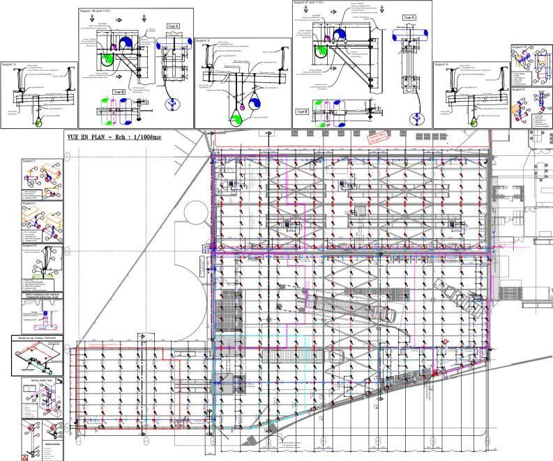 Plan sprinkler d’une grande surface et détails d’exécution