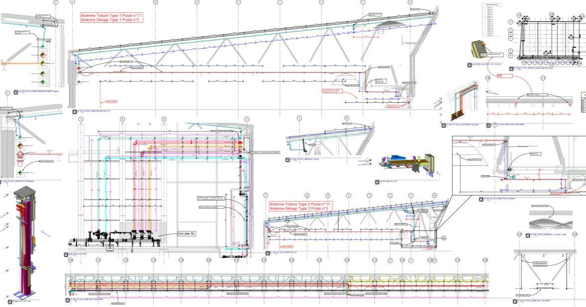 Plans et coupes des réseaux de protection incendie du bâtiment