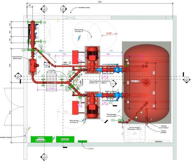 Plan du système eau et émulseur avec réserve et pompage