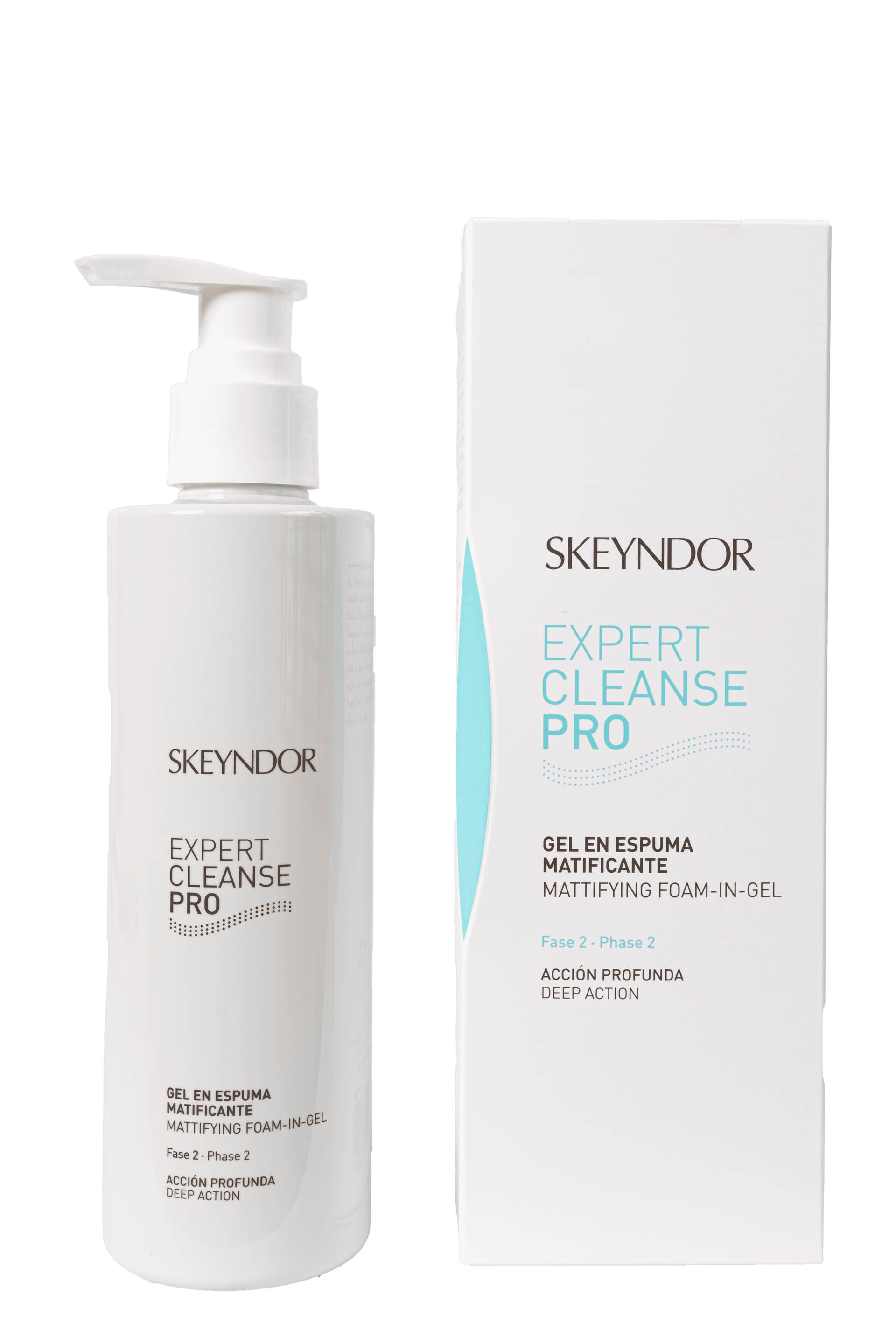 Una botella de skiyndor expert cleanse pro junto a una caja.