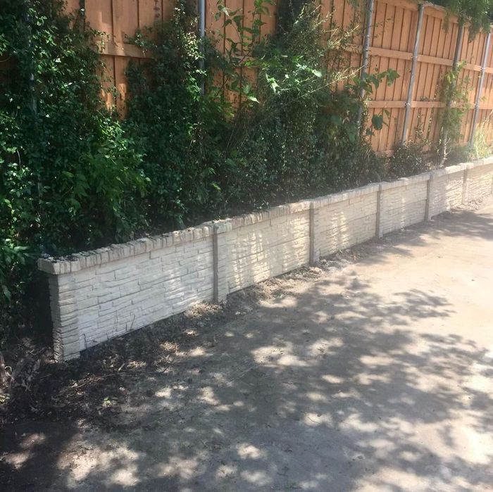 Shaded sidewalk beside a white brick wall and wooden fence with green ivy
