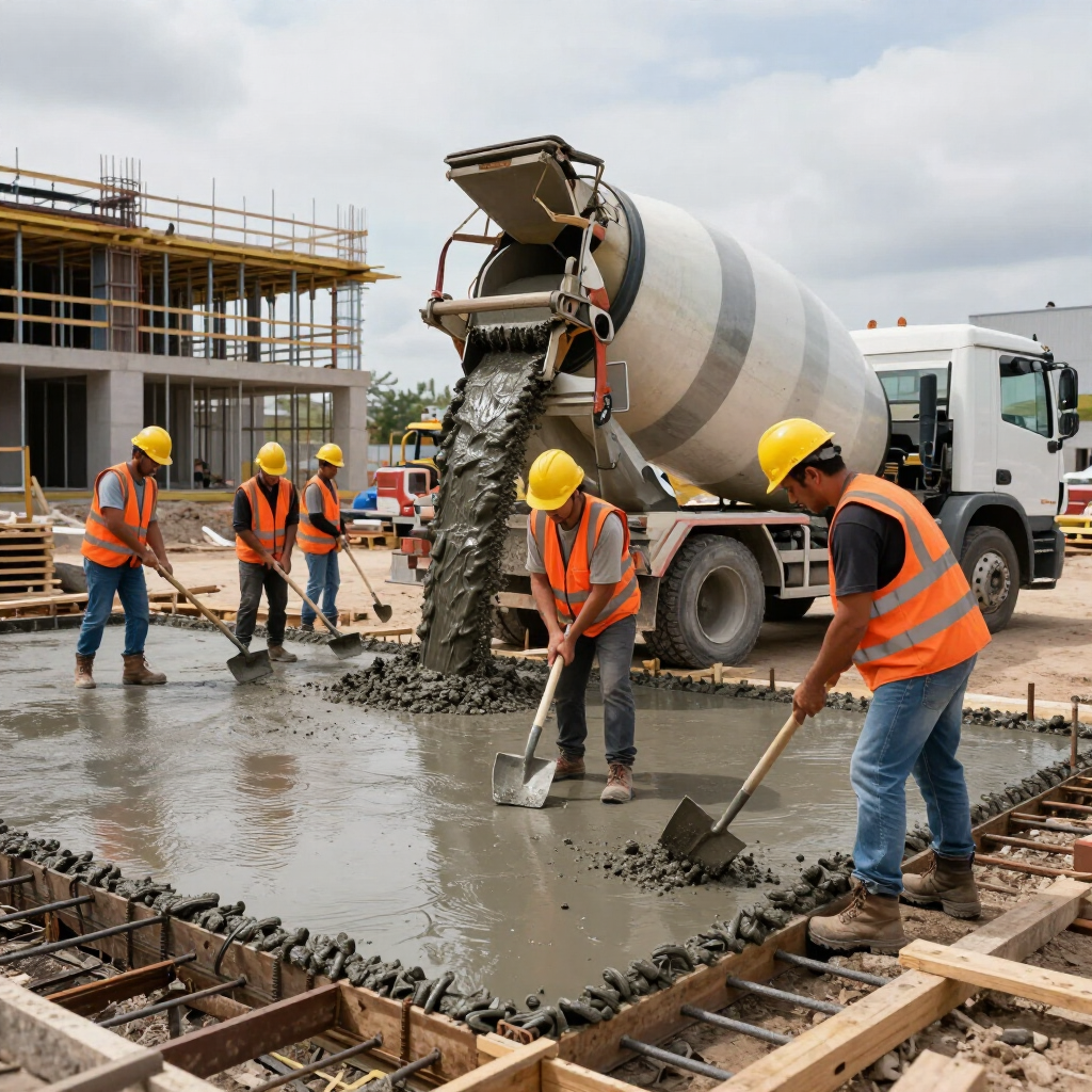 Construction workers pouring concrete from a mixer truck at a building site