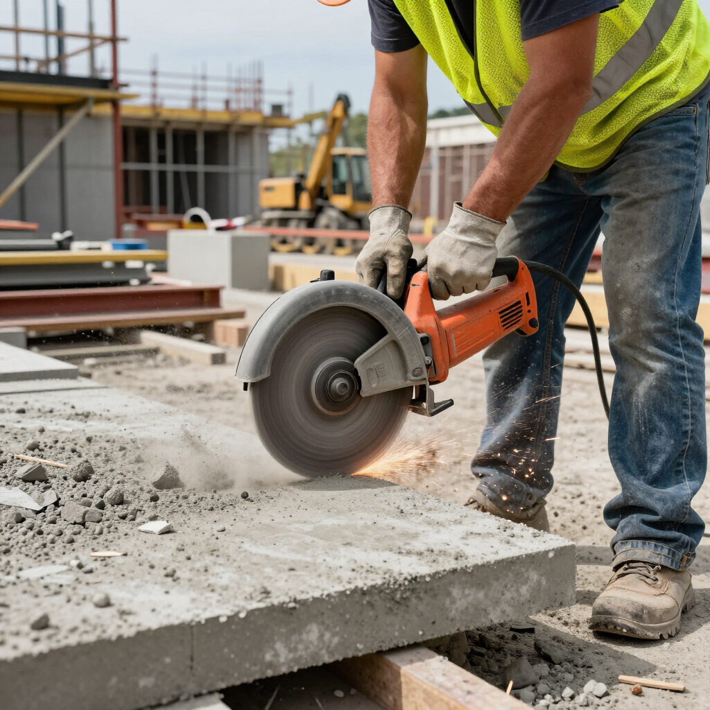 Worker using an orange cut-off saw to cut concrete on a construction site