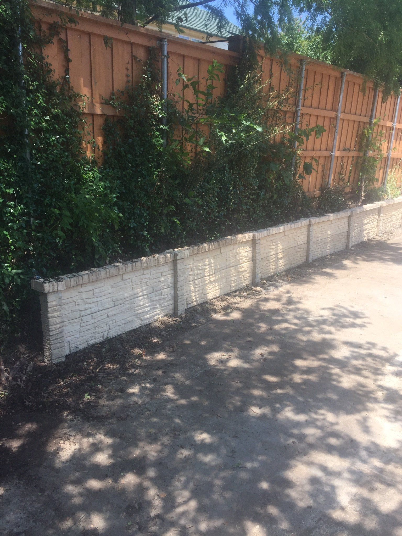 Sunlit sidewalk beside a white brick planter, overgrown shrubs, and a wooden fence