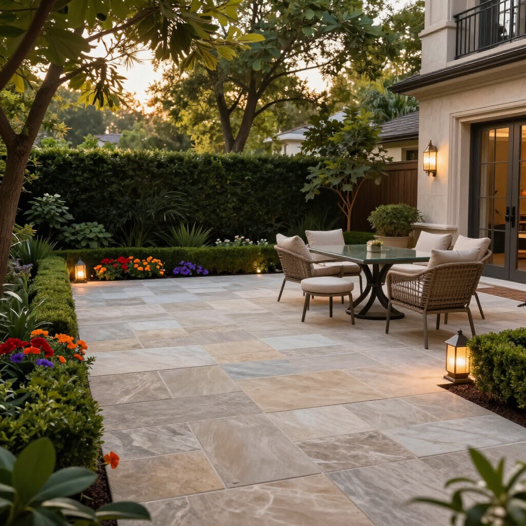 Elegant backyard patio with stone pavers, wicker chairs, and warm lantern lighting at dusk
