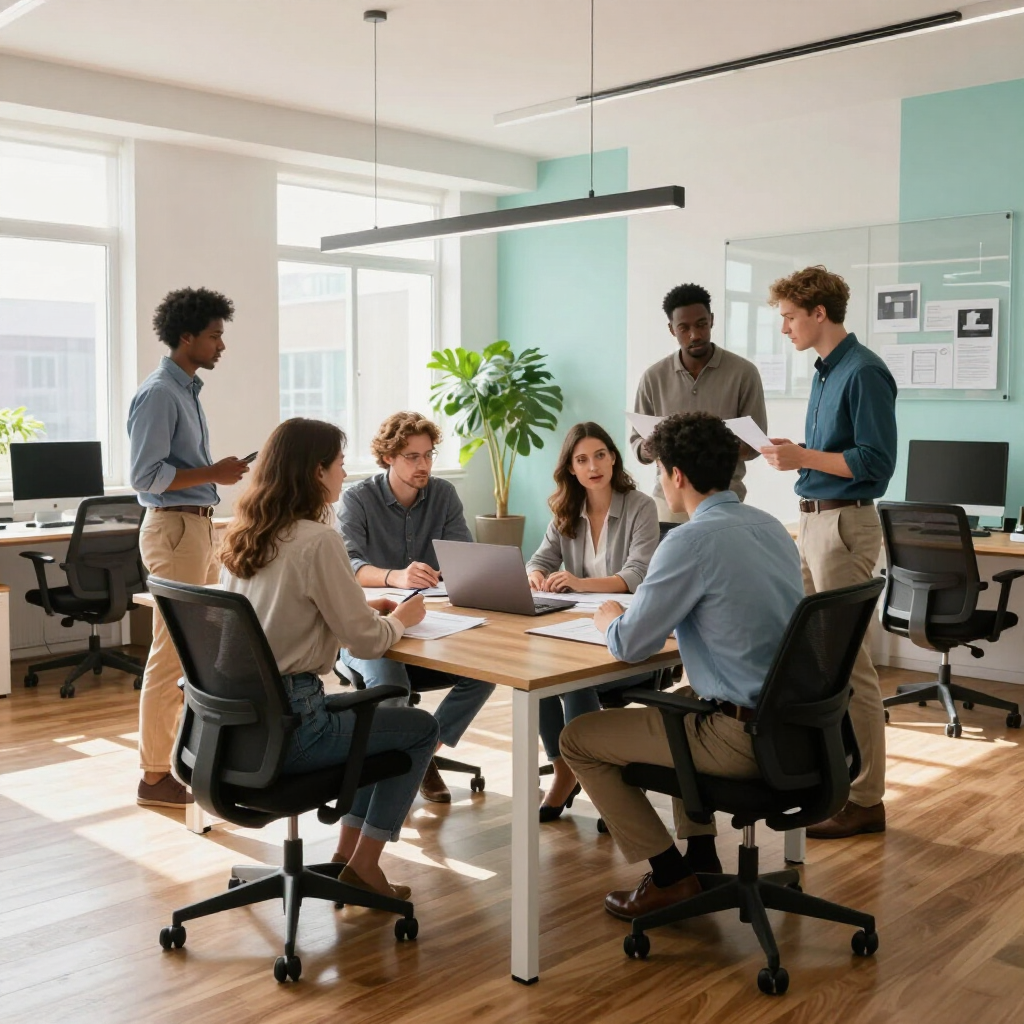 People collaborating around a table in a bright modern office meeting room