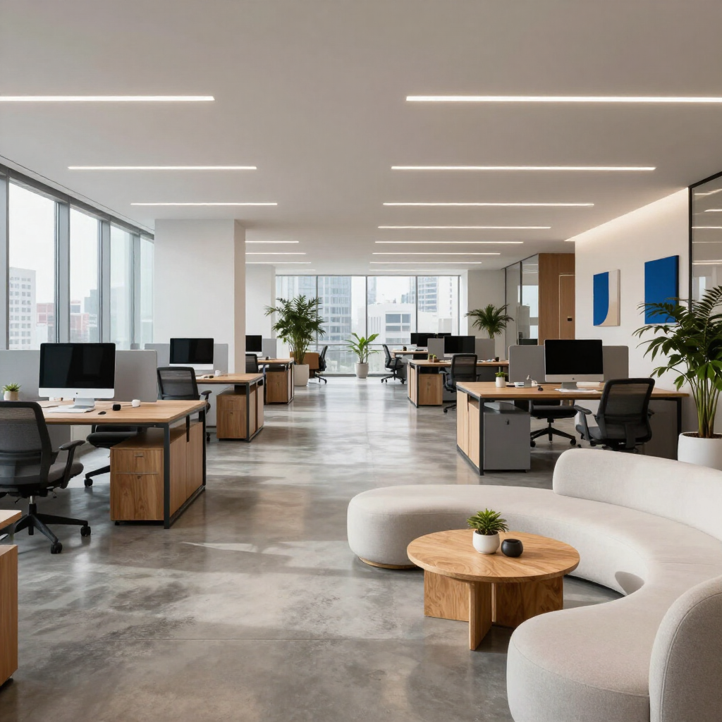 Bright modern open-plan office with desks, computers, large windows, and a white lounge area
