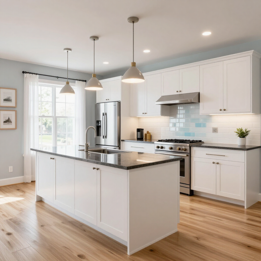 Bright modern kitchen with white cabinets, stainless appliances, island, and light wood floors
