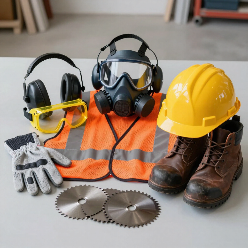 Safety gear on floor: hard hat, respirator, goggles, ear protection, gloves, boots, and saw blades