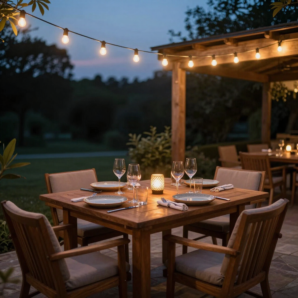 Outdoor patio dining table with candles, string lights, and set place settings at dusk