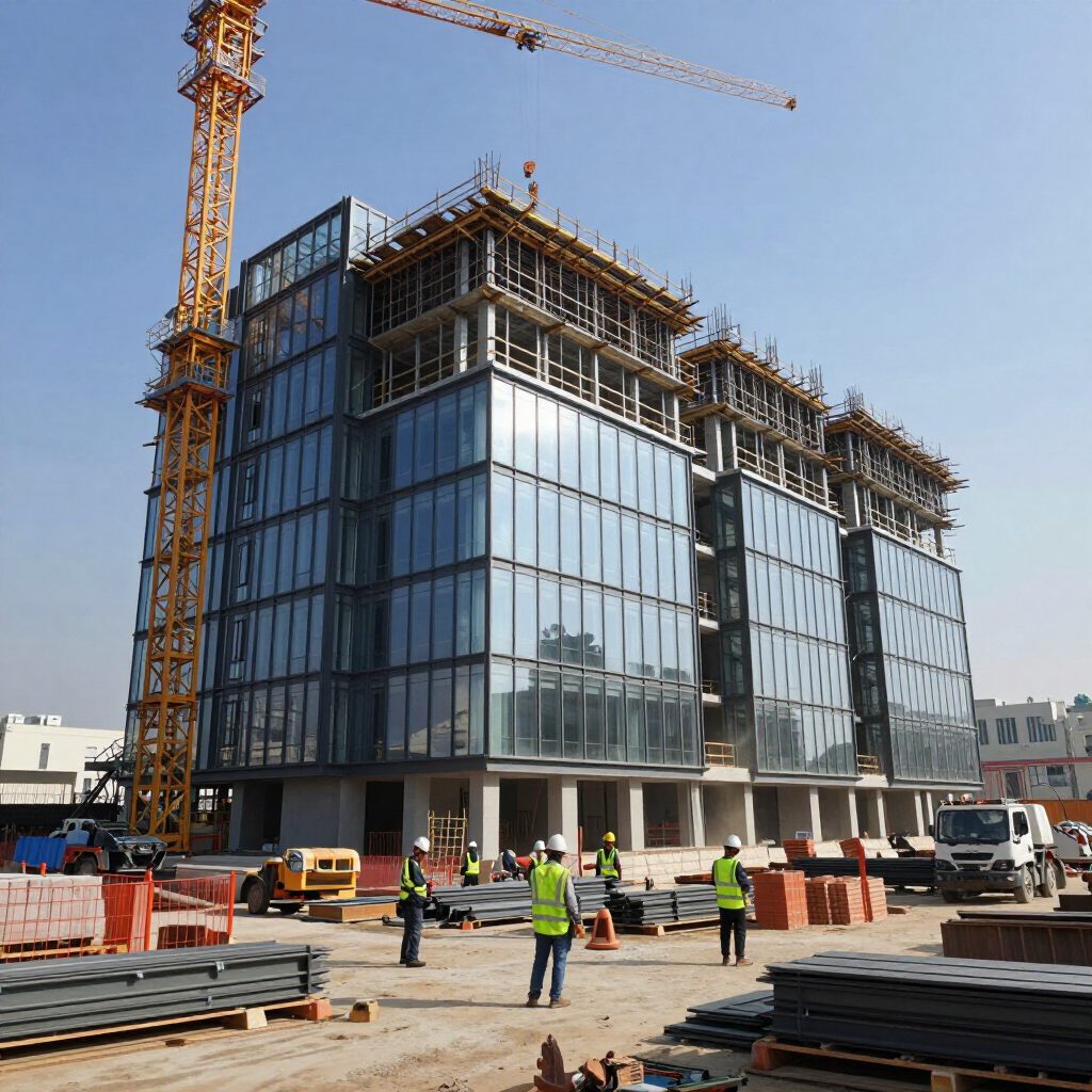 Modern glass office building under construction with workers, crane, and stacked materials on site