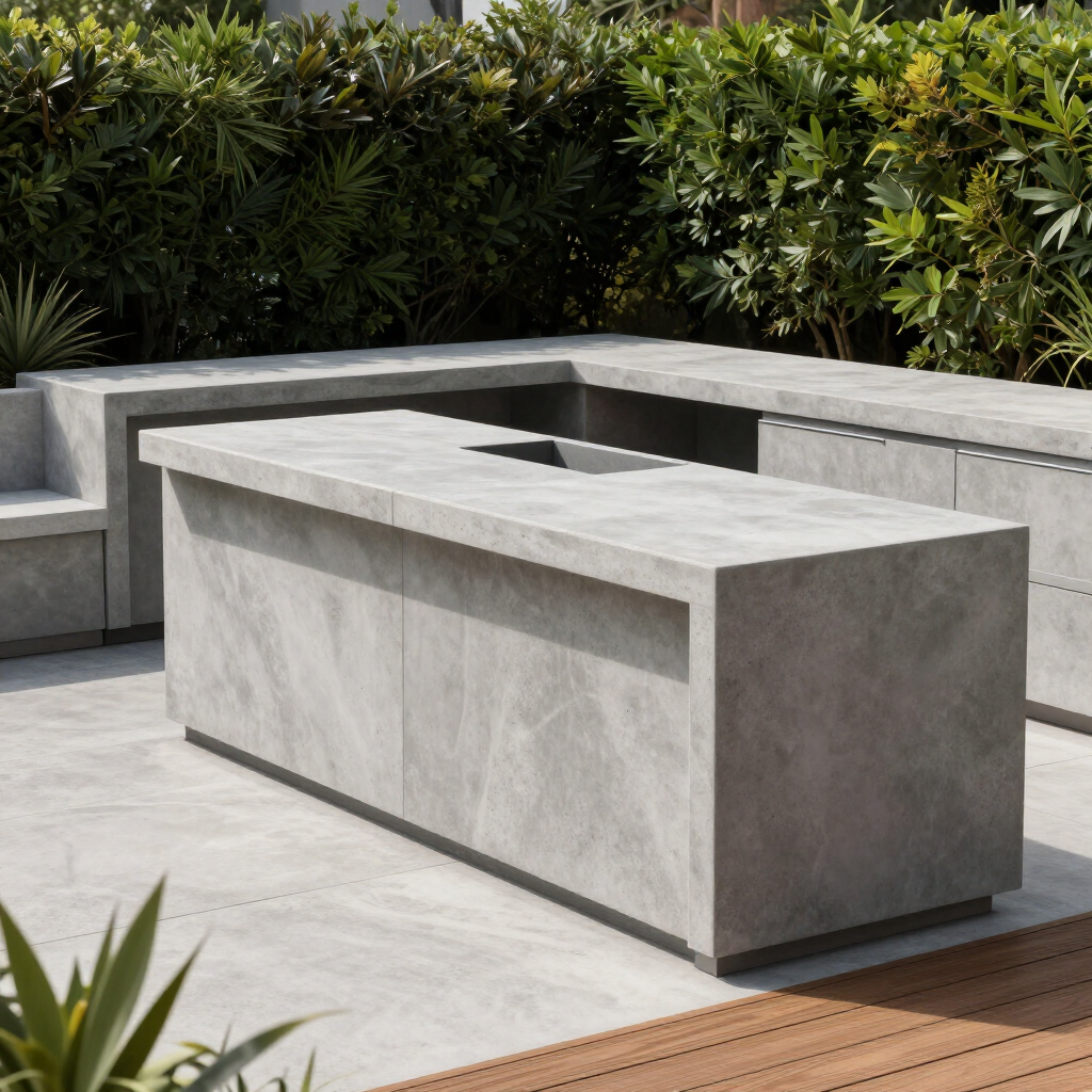 Modern outdoor patio with a concrete L-shaped bench and rectangular stone fire pit, surrounded by greenery
