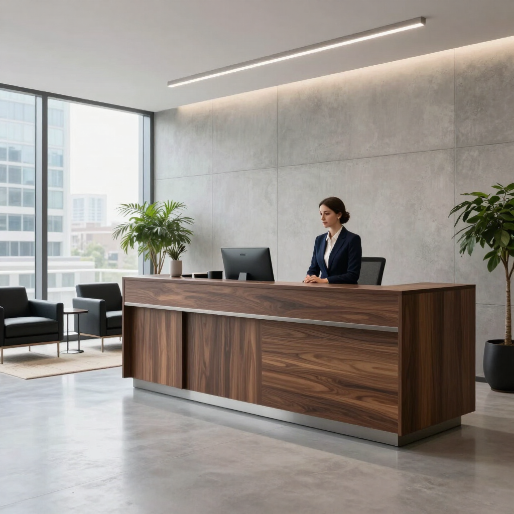 Modern office reception desk with a person seated behind it near large windows