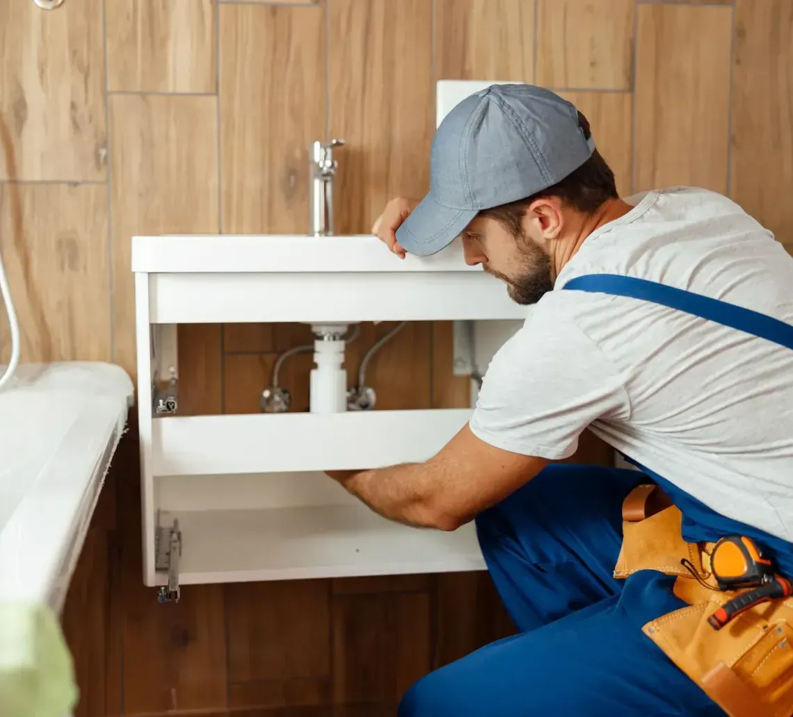 A worker in a gray cap and blue overalls repairing a bathroom sink pipe in a room with wood-paneled walls.