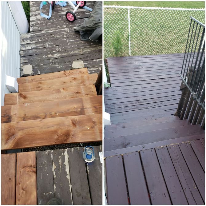 Comparaison avant/après de la réparation d'un escalier de terrasse en bois teinté, avec une terrasse et une balustrade à la finition plus foncée.