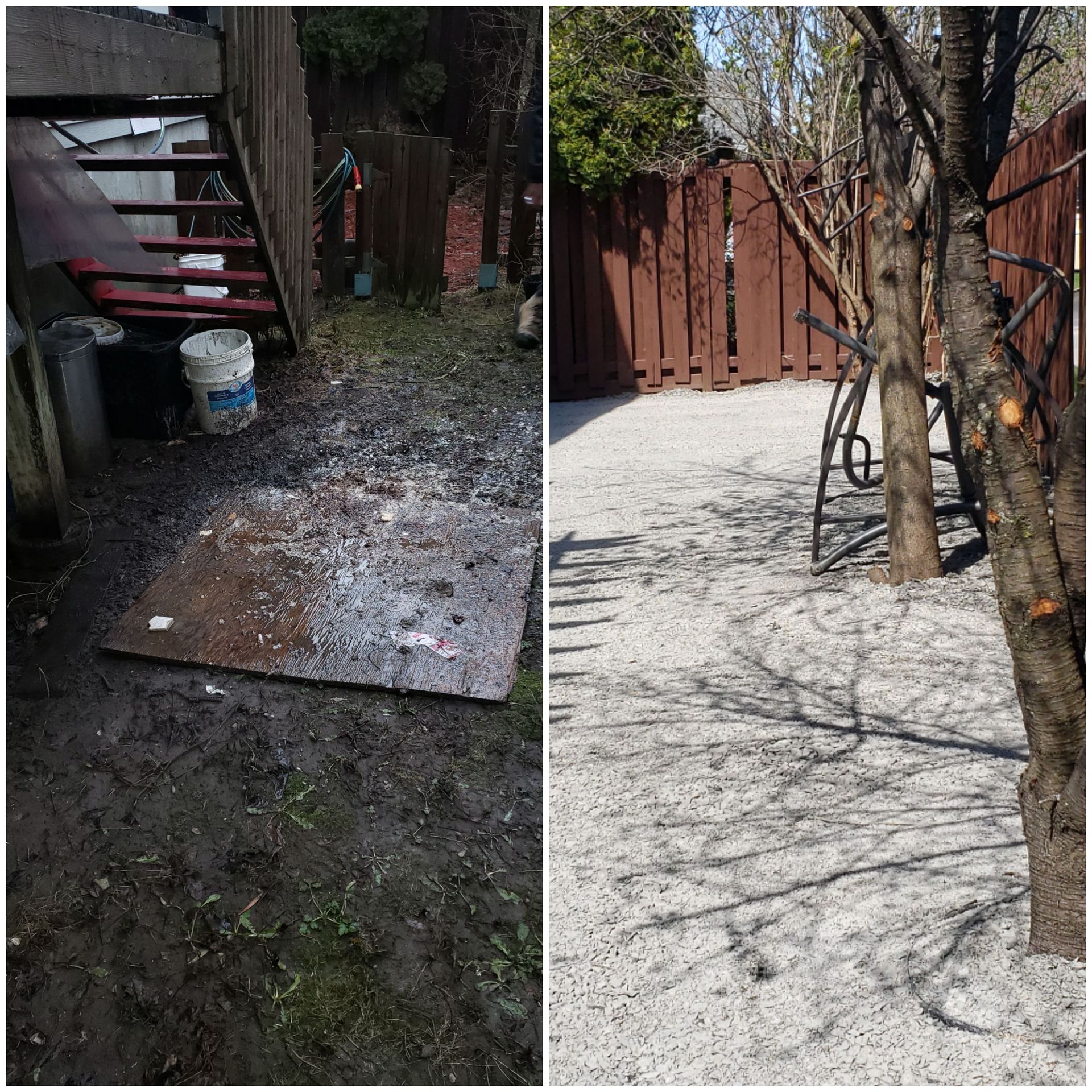 Jardin avec deux types de sols : une zone boueuse près des marches et une zone de gravier blanc le long d'une clôture en bois.