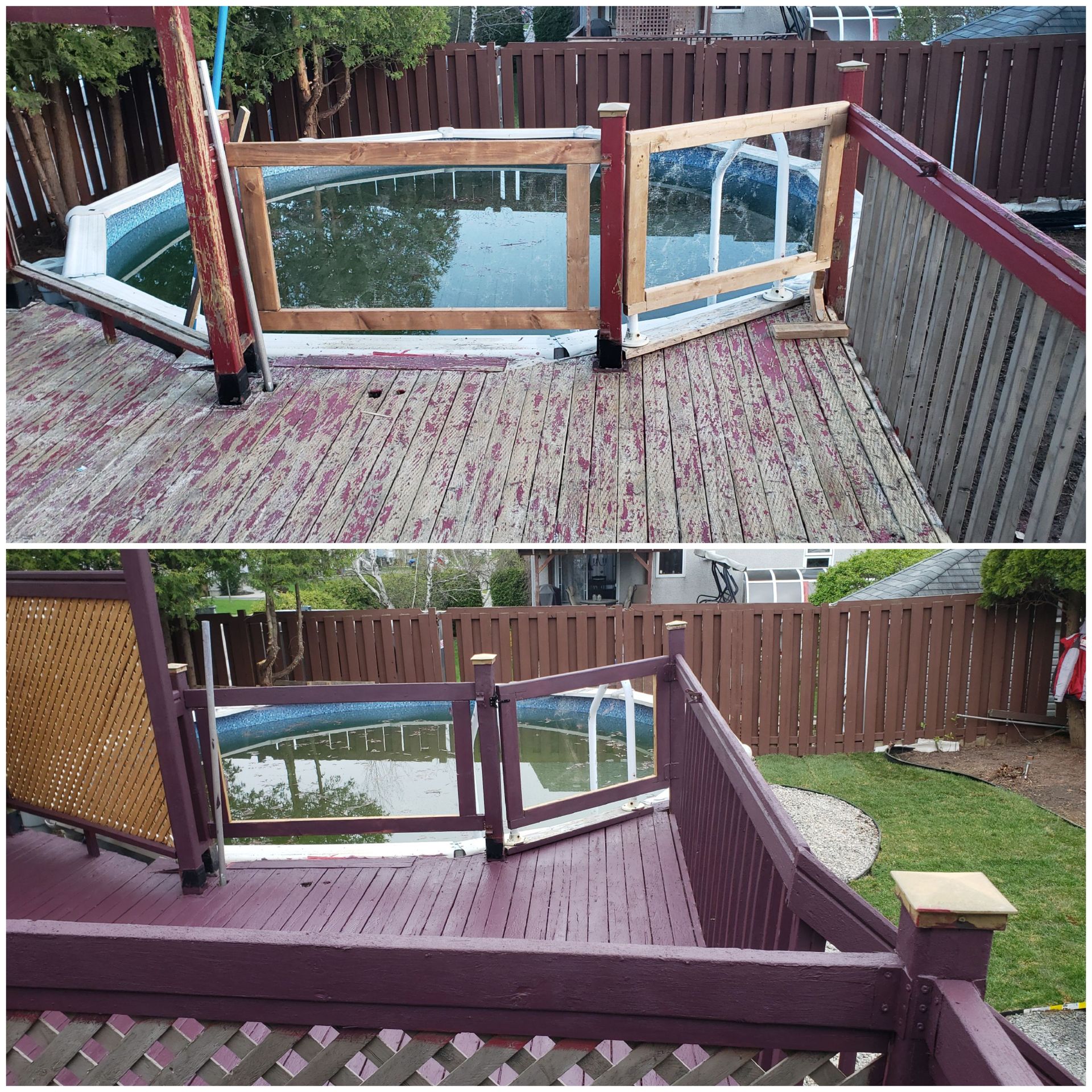 Terrasse avec rambardes violettes et piscine, vue avec portail ouvert et fermé.