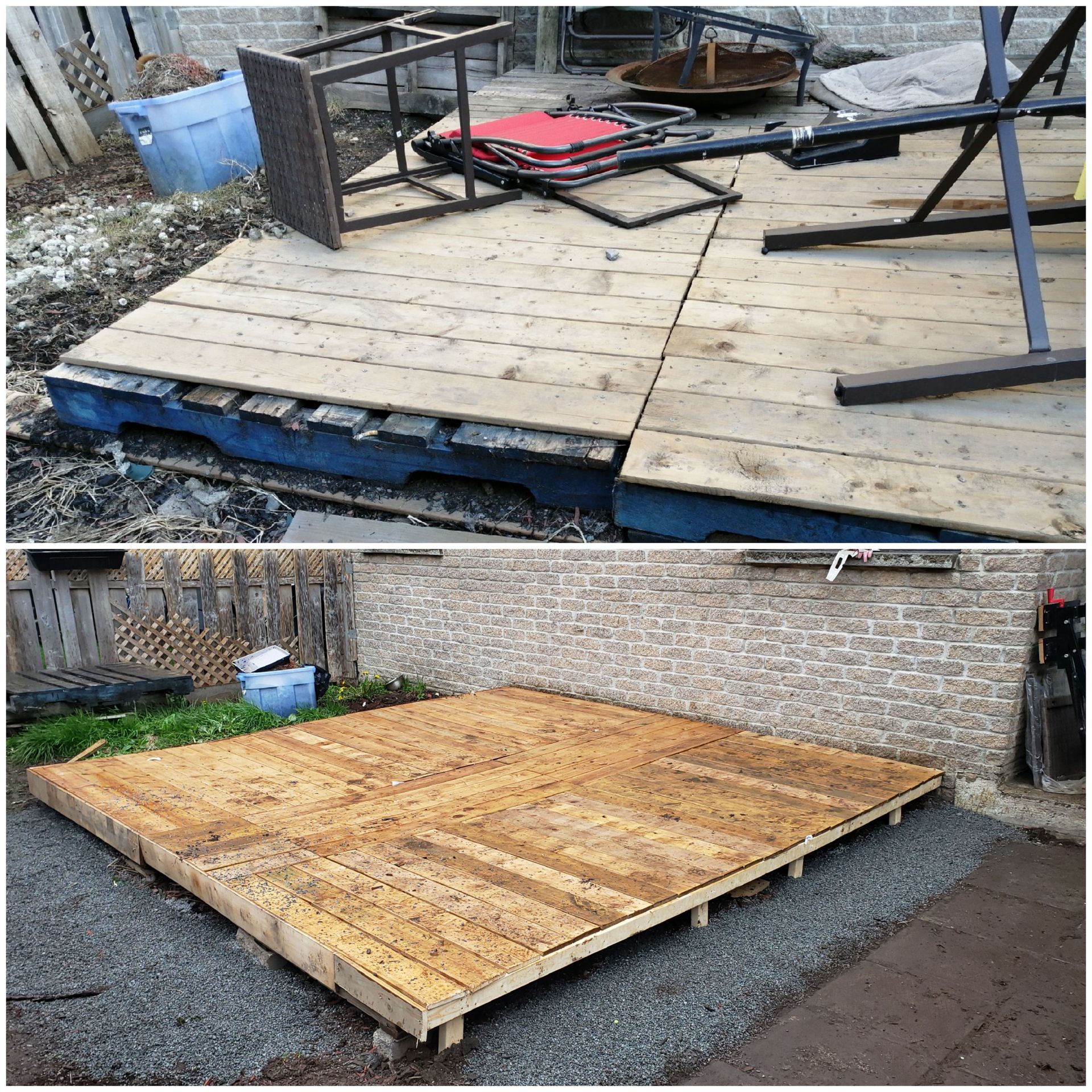 Avant et après la reconstruction d'une terrasse en bois sur gravier, montrant une terrasse endommagée remplacée par une nouvelle plateforme.
