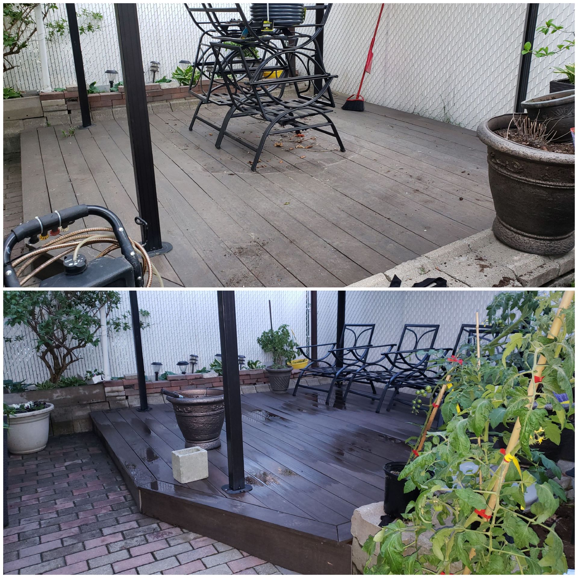 Deux vues de terrasse : mobilier sur une terrasse en bois, avec une plante en pot et une rambarde en arrière-plan.