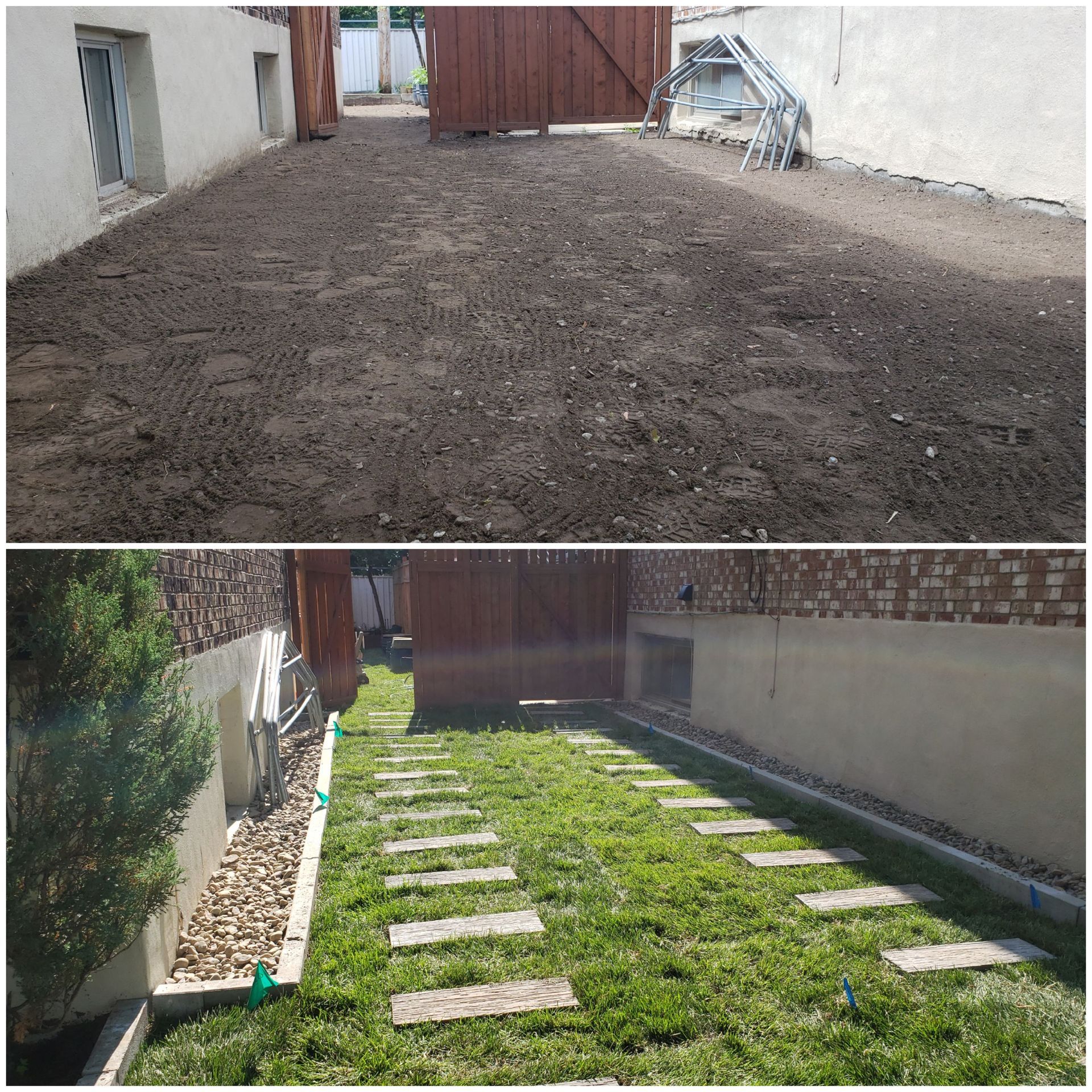 Avant et après la transformation d'un jardin : la terre nue a été remplacée par du gazon vert et des dalles de jardin.