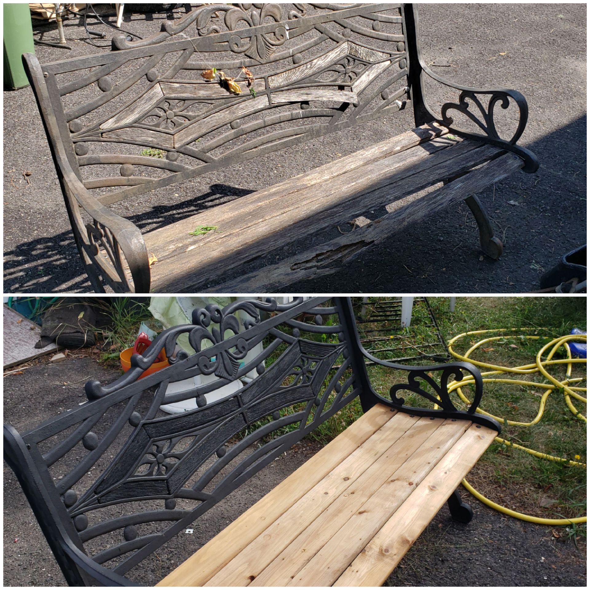 Banc en métal noir endommagé avant et après réparation avec de nouvelles lattes en bois à l'extérieur